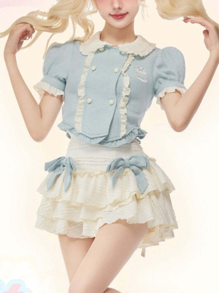 Baby Blue Dollette Y2K Skirt Set - 90s Grunge Summer Outfit, Retro Y2K Fashion