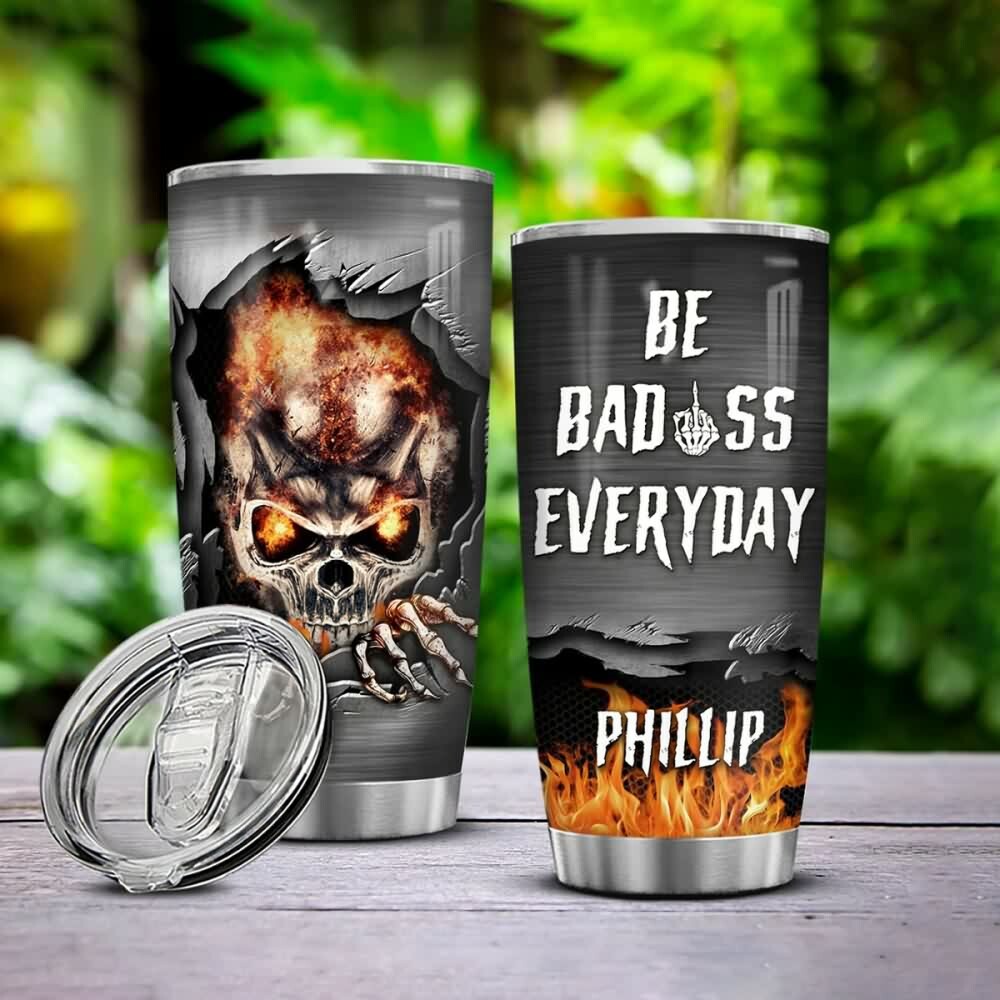 Badass Skull Stainless Steel Custom Tumbler - Y2K Grunge, 90s Retro, Gothic, and Pastel Goth Style
