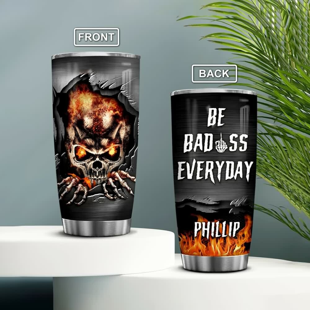 Badass Skull Stainless Steel Custom Tumbler - Y2K Grunge, 90s Retro, Gothic, and Pastel Goth Style