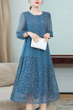 Beautiful Blue Embroidered Patchwork Silk Dress - Y2K Summer, 90s Fashion, Grunge, Retro Style