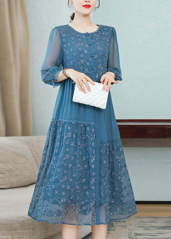 Beautiful Blue Embroidered Patchwork Silk Dress - Y2K Summer, 90s Fashion, Grunge, Retro Style