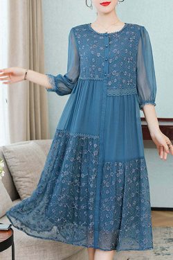 Beautiful Blue Embroidered Patchwork Silk Dress - Y2K Summer, 90s Fashion, Grunge, Retro Style