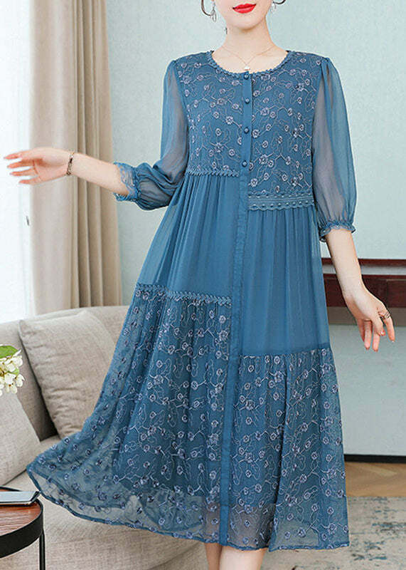 Beautiful Blue Embroidered Patchwork Silk Dress - Y2K Summer, 90s Fashion, Grunge, Retro Style