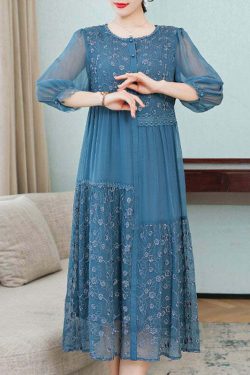 Beautiful Blue Embroidered Patchwork Silk Dress - Y2K Summer, 90s Fashion, Grunge, Retro Style