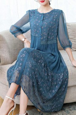 Beautiful Blue Embroidered Patchwork Silk Dress - Y2K Summer, 90s Fashion, Grunge, Retro Style