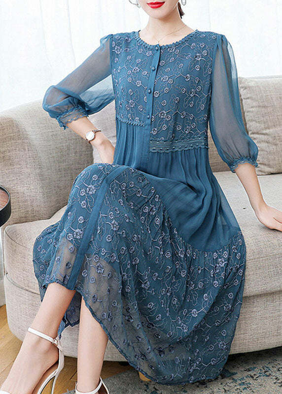 Beautiful Blue Embroidered Patchwork Silk Dress - Y2K Summer, 90s Fashion, Grunge, Retro Style