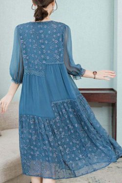 Beautiful Blue Embroidered Patchwork Silk Dress - Y2K Summer, 90s Fashion, Grunge, Retro Style