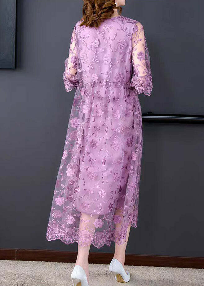 Beautiful Purple O-Neck Embroidered Tulle Long Dress - Y2K Summer, 90s Fashion, Grunge Outfit