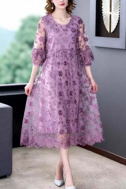 Beautiful Purple O-Neck Embroidered Tulle Long Dress - Y2K Summer, 90s Fashion, Grunge Outfit