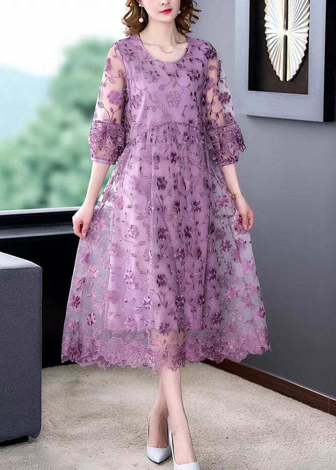 Beautiful Purple O-Neck Embroidered Tulle Long Dress - Y2K Summer, 90s Fashion, Grunge Outfit