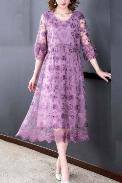 Beautiful Purple O-Neck Embroidered Tulle Long Dress - Y2K Summer, 90s Fashion, Grunge Outfit