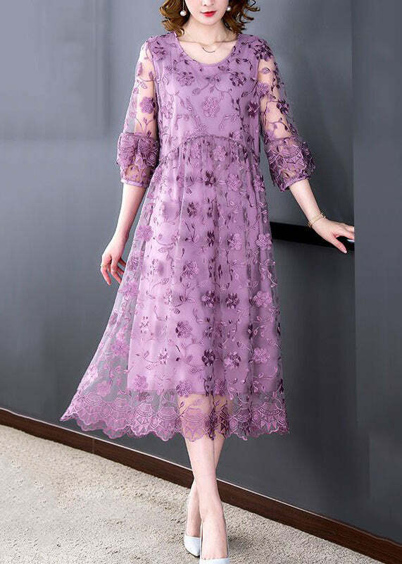 Beautiful Purple O-Neck Embroidered Tulle Long Dress - Y2K Summer, 90s Fashion, Grunge Outfit