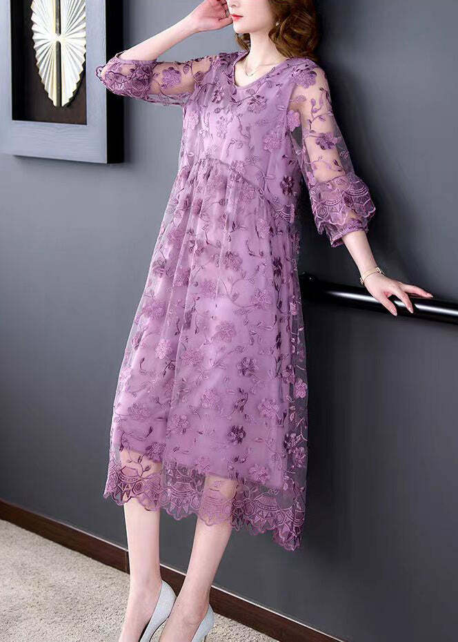 Beautiful Purple O-Neck Embroidered Tulle Long Dress - Y2K Summer, 90s Fashion, Grunge Outfit