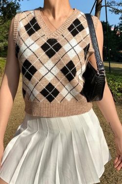 Beige Argyle Y2K Vest - Retro 90s Grunge Summer Outfit, Y2K Fashion, Pastel Goth Style