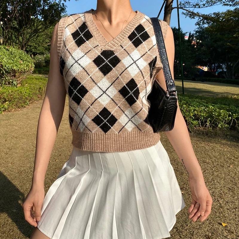 Beige Argyle Y2K Vest - Retro 90s Grunge Summer Outfit, Y2K Fashion, Pastel Goth Style