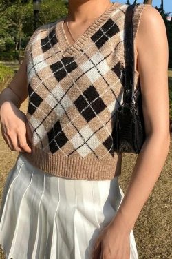 Beige Argyle Y2K Vest - Retro 90s Grunge Summer Outfit, Y2K Fashion, Pastel Goth Style