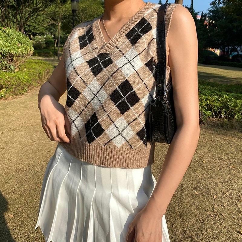 Beige Argyle Y2K Vest - Retro 90s Grunge Summer Outfit, Y2K Fashion, Pastel Goth Style