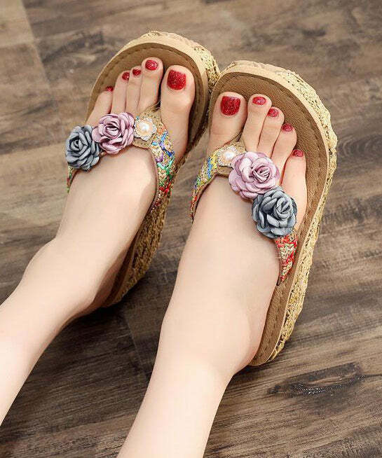 Beige Floral Platform Flip Flops - Y2K Summer Beach Holiday Retro 90s Grunge Pastel Goth