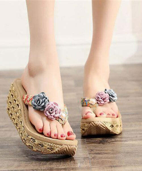Beige Floral Platform Flip Flops - Y2K Summer Beach Holiday Retro 90s Grunge Pastel Goth