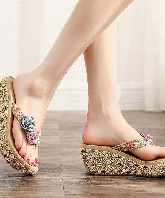 Beige Floral Platform Flip Flops - Y2K Summer Beach Holiday Retro 90s Grunge Pastel Goth