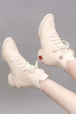 Beige Genuine Leather Y2K Grunge Boots with Splicing Cross Strap - 90s Retro Fashion