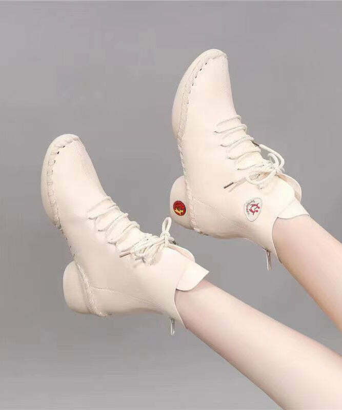 Beige Genuine Leather Y2K Grunge Boots with Splicing Cross Strap - 90s Retro Fashion