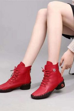 Beige Genuine Leather Y2K Grunge Boots with Splicing Cross Strap - 90s Retro Fashion