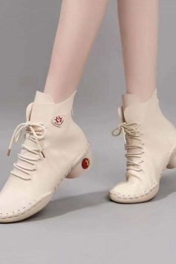 Beige Genuine Leather Y2K Grunge Boots with Splicing Cross Strap - 90s Retro Fashion