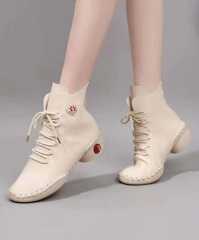 Beige Genuine Leather Y2K Grunge Boots with Splicing Cross Strap - 90s Retro Fashion