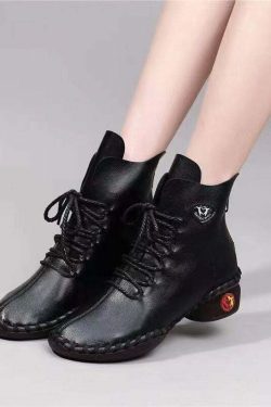 Beige Genuine Leather Y2K Grunge Boots with Splicing Cross Strap - 90s Retro Fashion