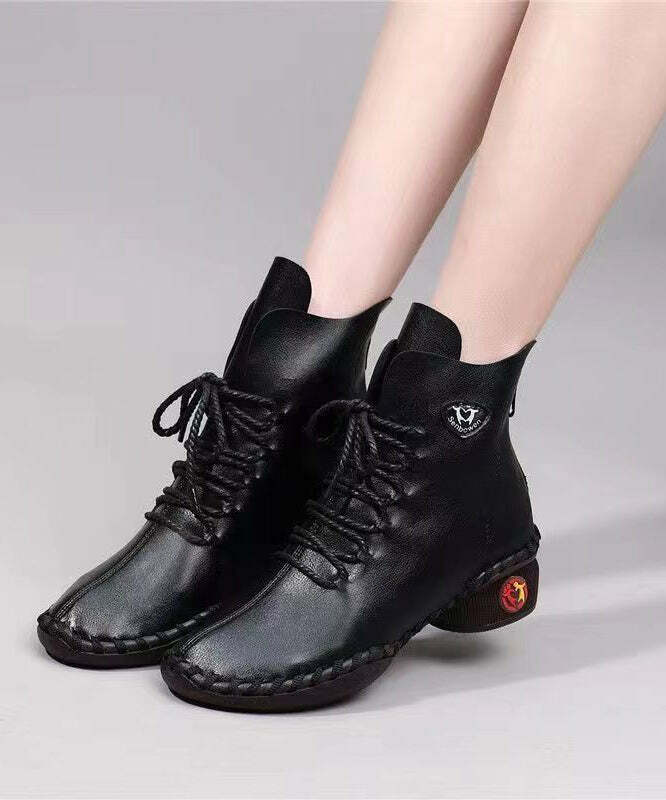 Beige Genuine Leather Y2K Grunge Boots with Splicing Cross Strap - 90s Retro Fashion