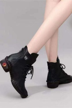 Beige Genuine Leather Y2K Grunge Boots with Splicing Cross Strap - 90s Retro Fashion