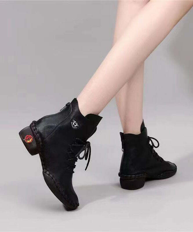Beige Genuine Leather Y2K Grunge Boots with Splicing Cross Strap - 90s Retro Fashion