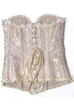 Beige Gothic Ruffle Trim Hourglass Overbust Corset - Y2K Grunge 90s Fashion Retro Style