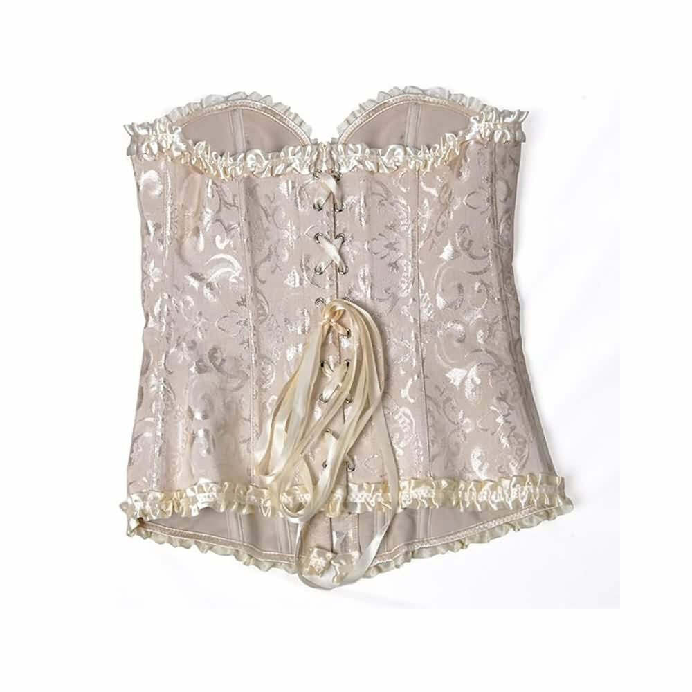 Beige Gothic Ruffle Trim Hourglass Overbust Corset - Y2K Grunge 90s Fashion Retro Style