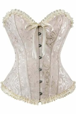 Beige Gothic Ruffle Trim Hourglass Overbust Corset - Y2K Grunge 90s Fashion Retro Style
