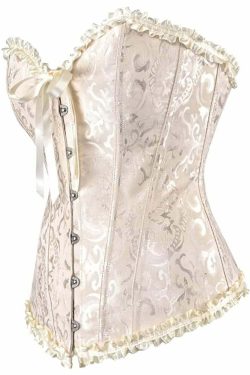Beige Gothic Ruffle Trim Hourglass Overbust Corset - Y2K Grunge 90s Fashion Retro Style