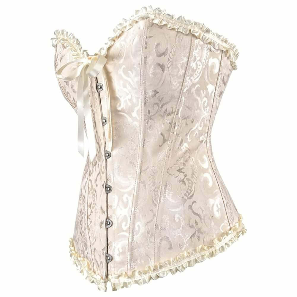 Beige Gothic Ruffle Trim Hourglass Overbust Corset - Y2K Grunge 90s Fashion Retro Style