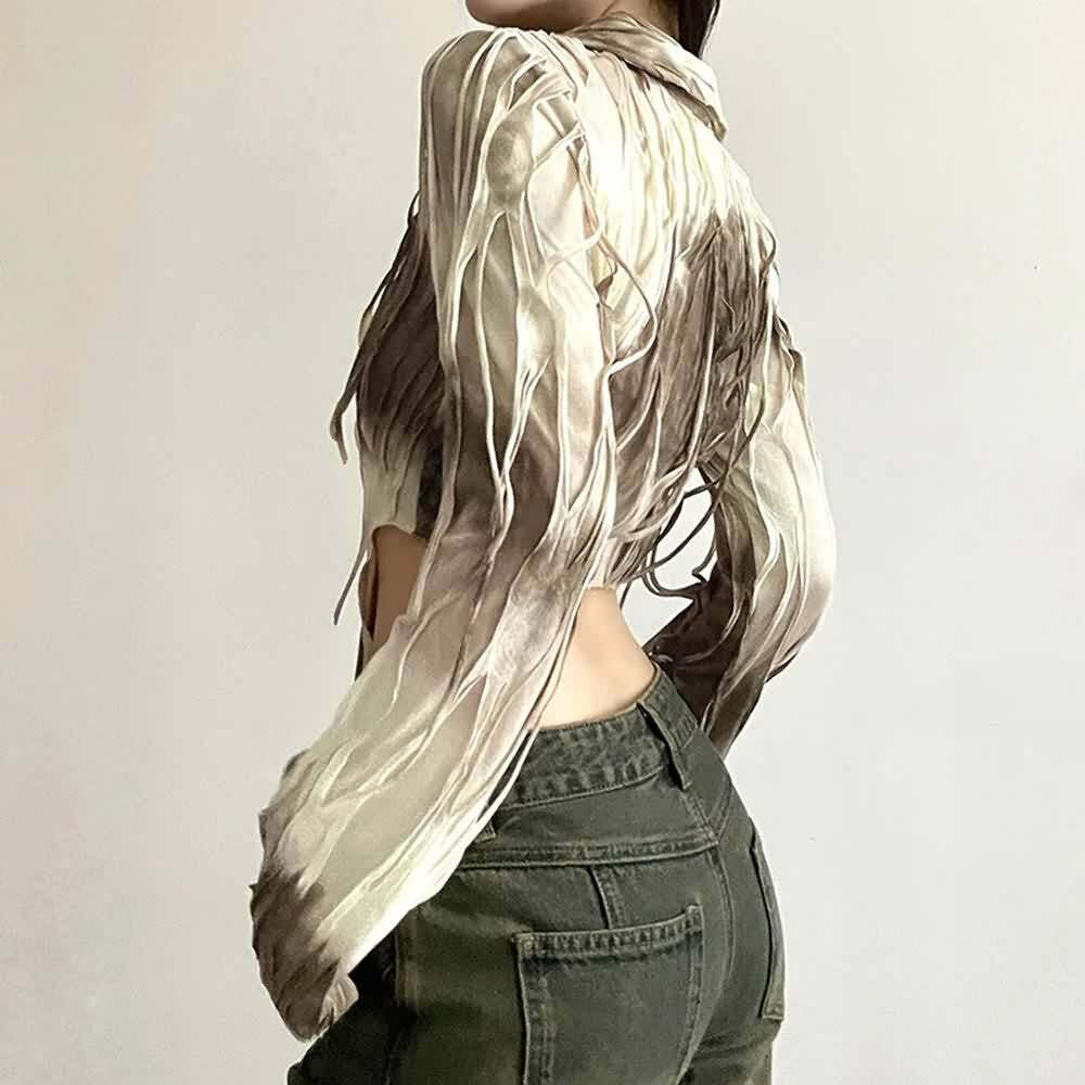 Beige Tie Dye Gothic Grunge Mesh Top - Y2K Summer Outfit, 90s Fashion, Retro Style