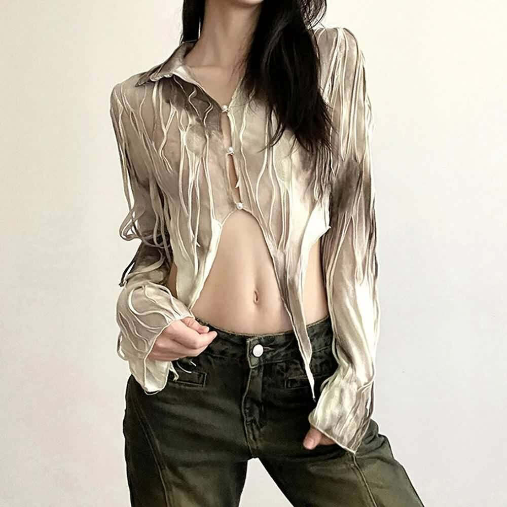 Beige Tie Dye Gothic Grunge Mesh Top - Y2K Summer Outfit, 90s Fashion, Retro Style