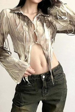 Beige Tie Dye Gothic Grunge Mesh Top - Y2K Summer Outfit, 90s Fashion, Retro Style