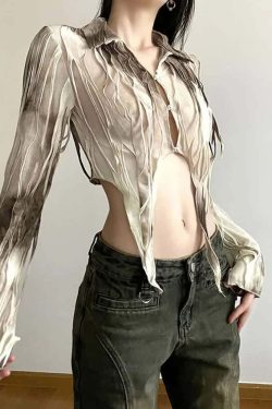 Beige Tie Dye Gothic Grunge Mesh Top - Y2K Summer Outfit, 90s Fashion, Retro Style