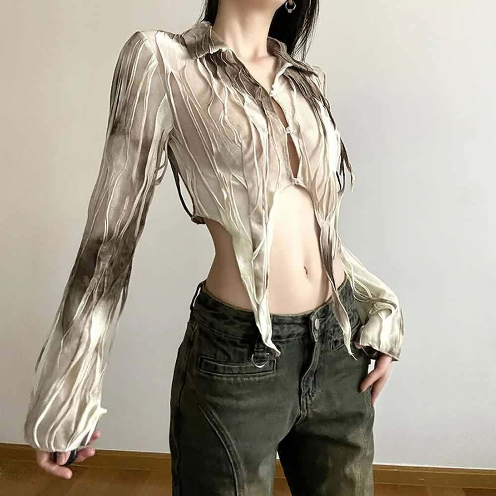 Beige Tie Dye Gothic Grunge Mesh Top - Y2K Summer Outfit, 90s Fashion, Retro Style