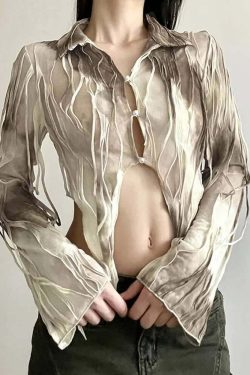 Beige Tie Dye Gothic Grunge Mesh Top - Y2K Summer Outfit, 90s Fashion, Retro Style