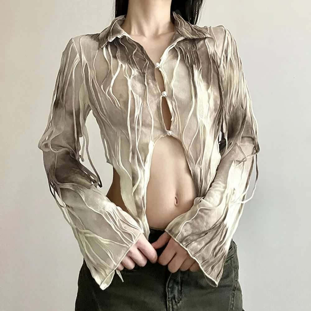 Beige Tie Dye Gothic Grunge Mesh Top - Y2K Summer Outfit, 90s Fashion, Retro Style