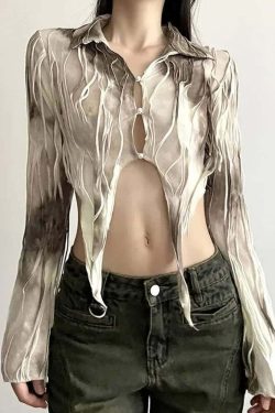 Beige Tie Dye Gothic Grunge Mesh Top - Y2K Summer Outfit, 90s Fashion, Retro Style