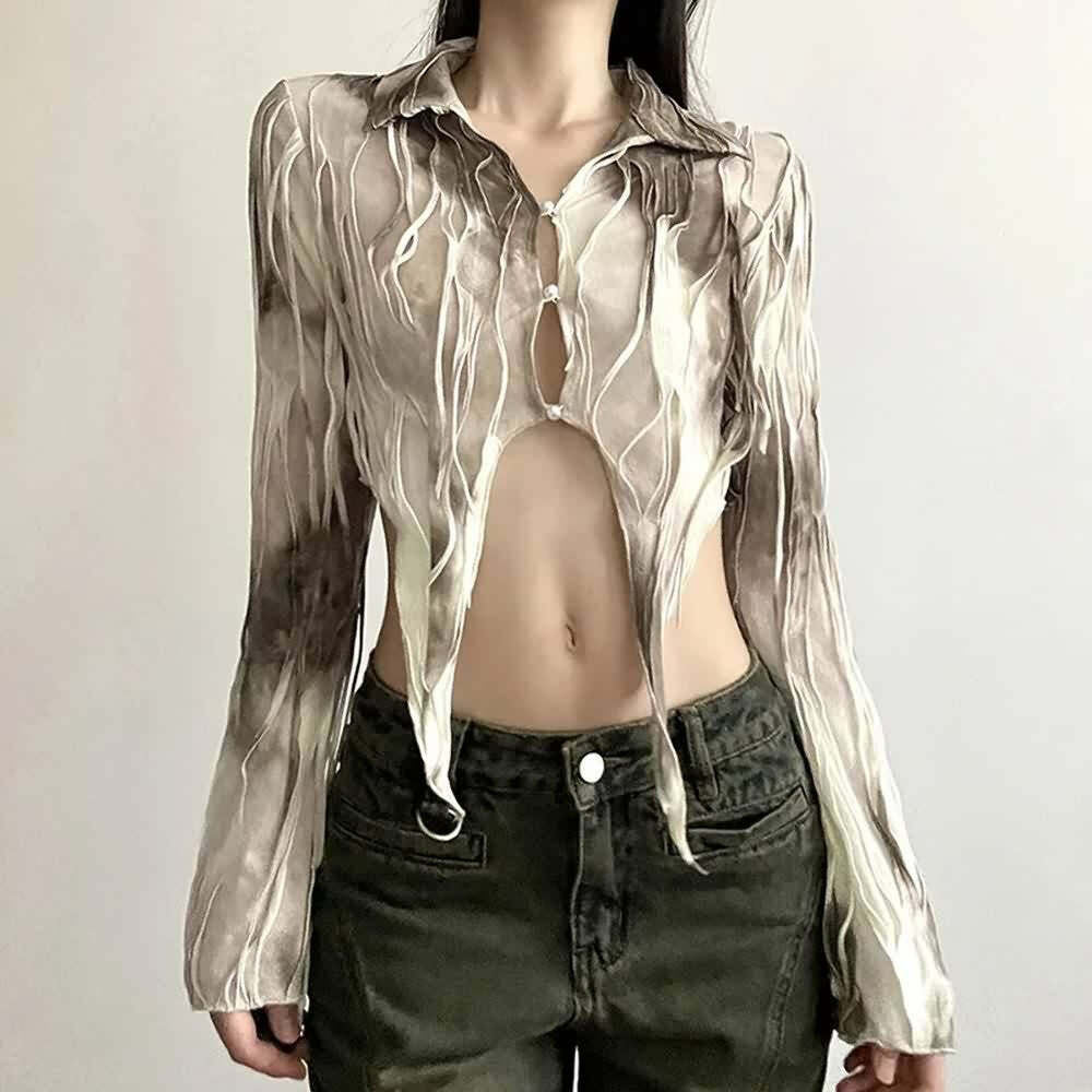 Beige Tie Dye Gothic Grunge Mesh Top - Y2K Summer Outfit, 90s Fashion, Retro Style