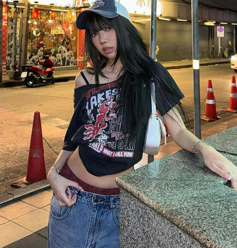 Billie Letter Print Off Shoulder T-Shirt - Y2K Summer Grunge 90s Fashion Retro Style Top