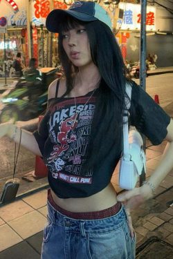 Billie Letter Print Off Shoulder T-Shirt - Y2K Summer Grunge 90s Fashion Retro Style Top