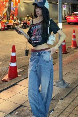 Billie Letter Print Off Shoulder T-Shirt - Y2K Summer Grunge 90s Fashion Retro Style Top